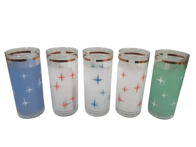 Bartlett Collins Mid-Century Colorful Atomic North Star Tall Collins Glasses (Set of 5)