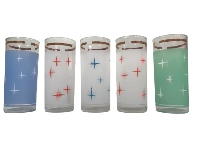 Bartlett Collins Mid-Century Colorful Atomic North Star Tall Collins Glasses (Set of 5)