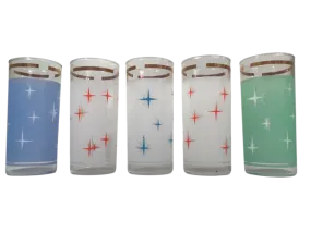 Bartlett Collins Mid-Century Colorful Atomic North Star Tall Collins Glasses (Set of 5)