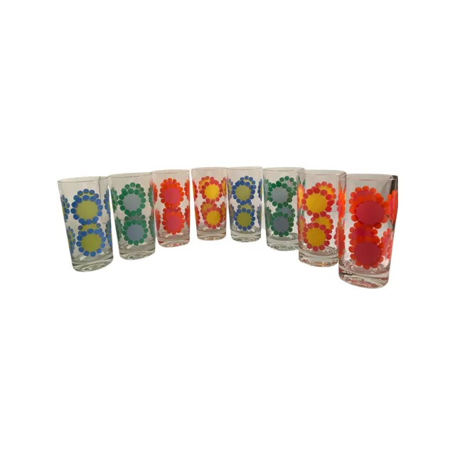 Federal Glassware Mid-Century Colorful Daisies Glasses (Set of 8)