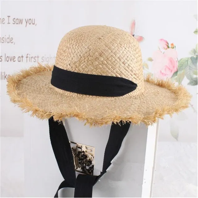 Lace Strap Straw Hat Bow Wide Grass Female Summer Cap Beach Visor Outdoor Holiday Sun Protection Collapsible