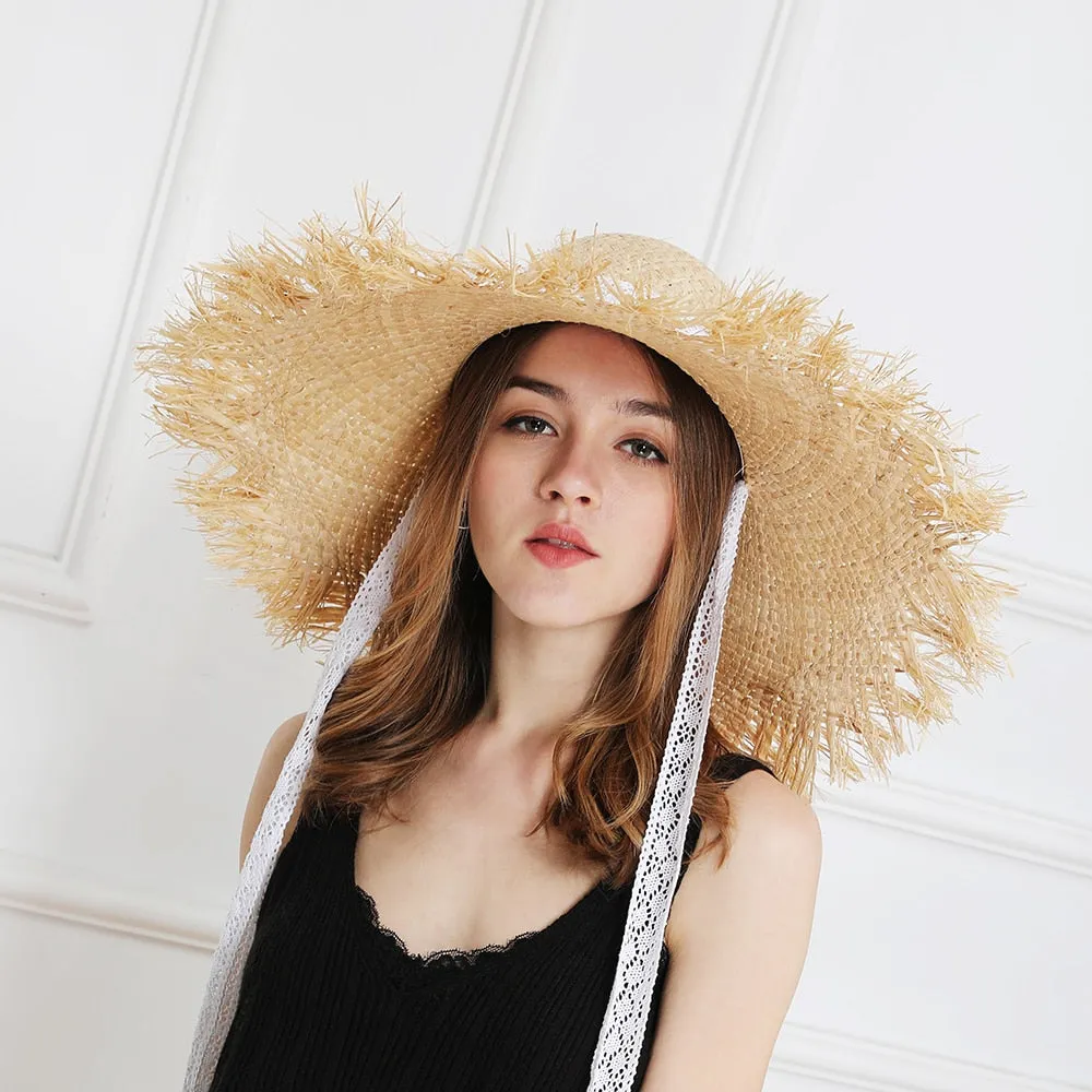 Lace Strap Straw Hat Bow Wide Grass Female Summer Cap Beach Visor Outdoor Holiday Sun Protection Collapsible