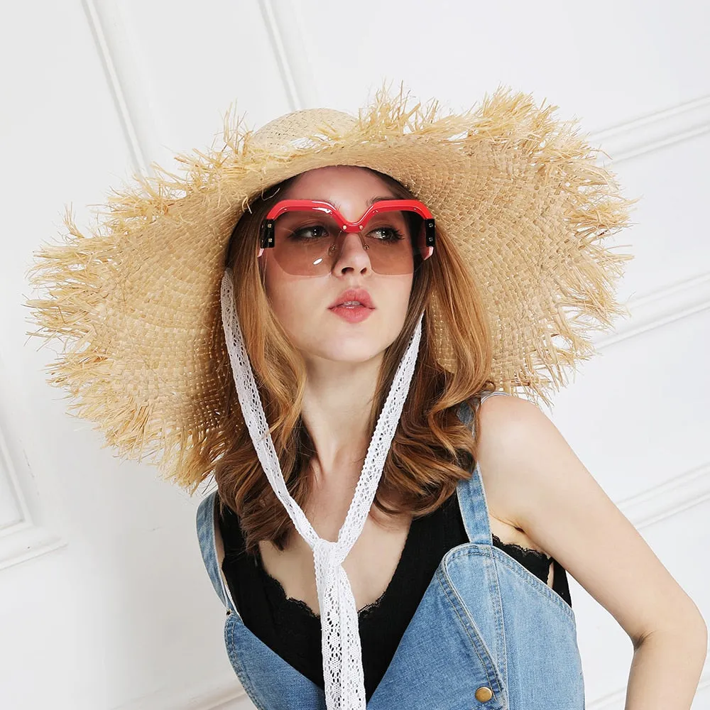 Lace Strap Straw Hat Bow Wide Grass Female Summer Cap Beach Visor Outdoor Holiday Sun Protection Collapsible