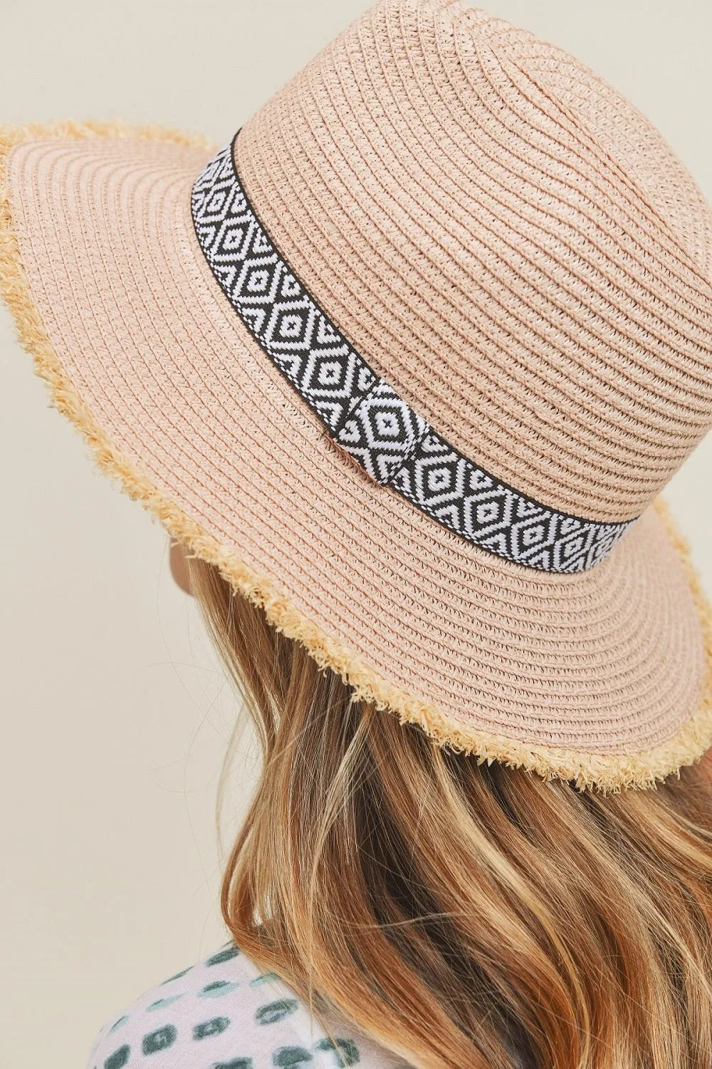 MH0039 Frayed Trim Aztec Banded Straw Hat