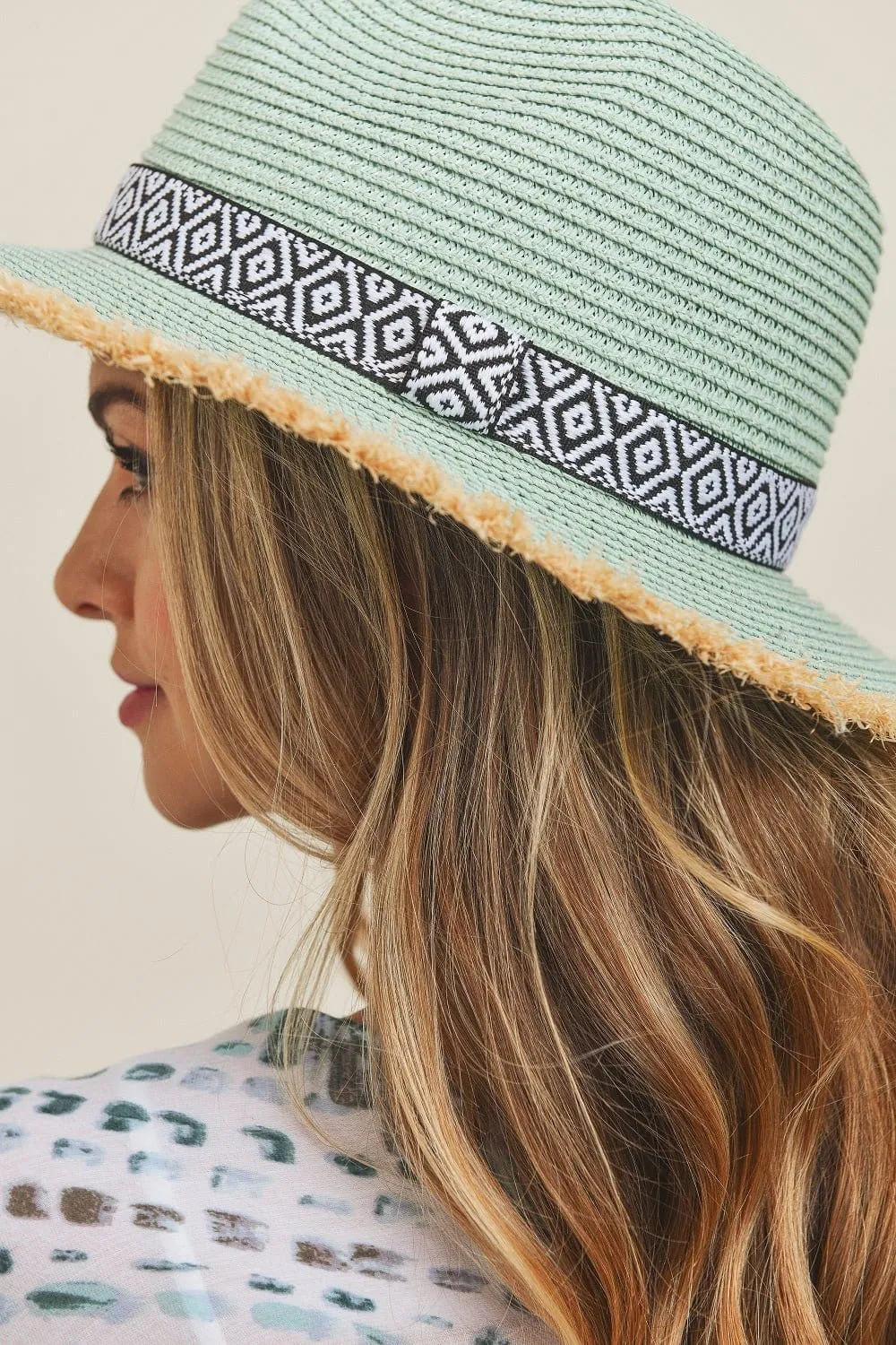 MH0039 Frayed Trim Aztec Banded Straw Hat