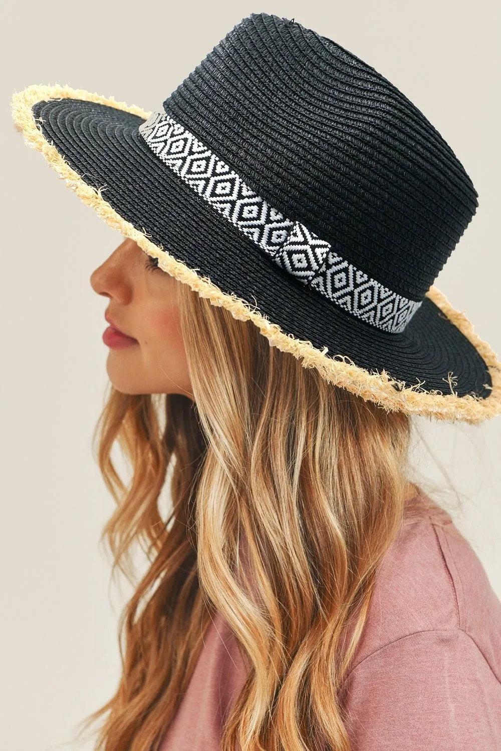 MH0039 Frayed Trim Aztec Banded Straw Hat