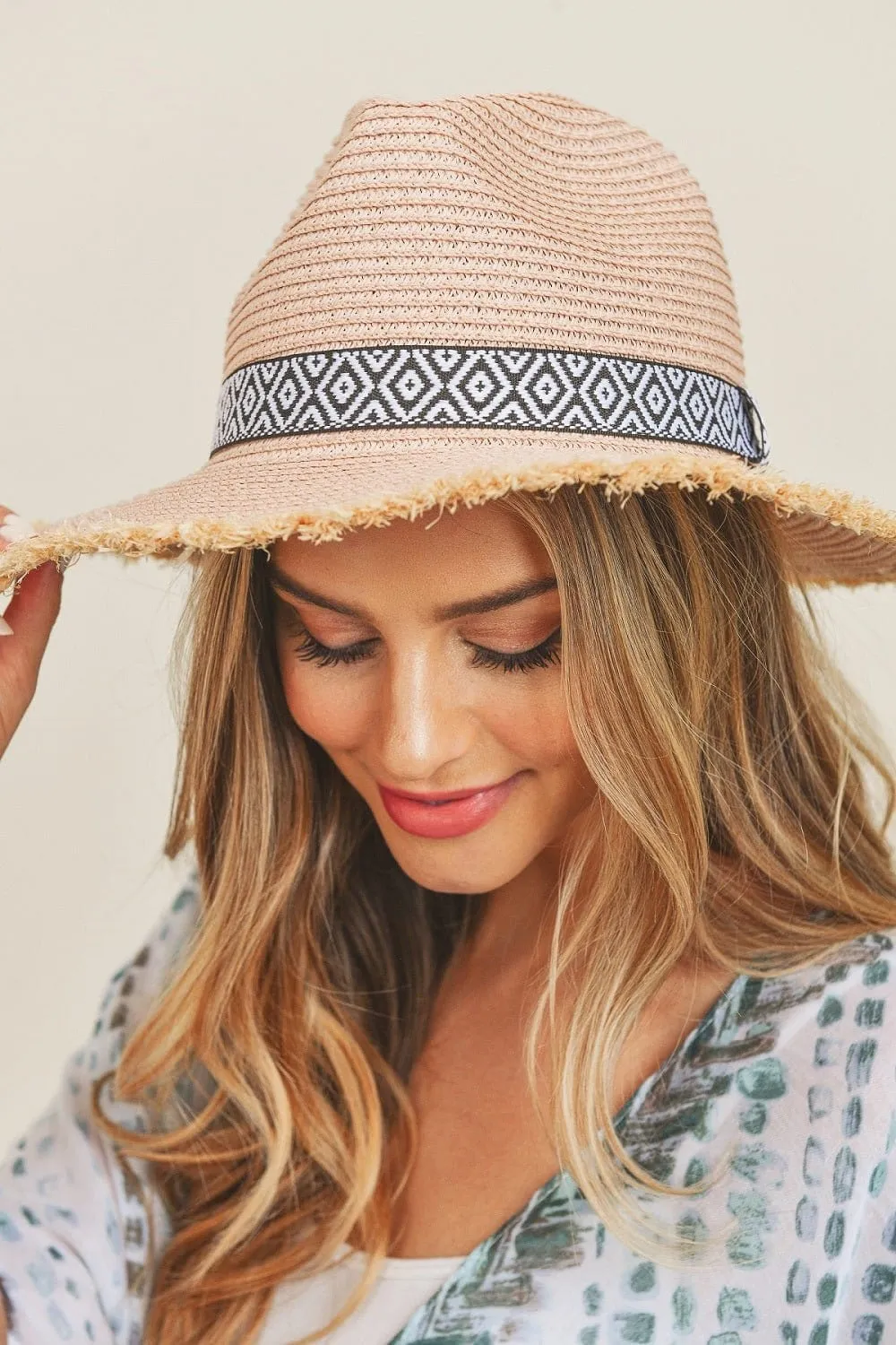 MH0039 Frayed Trim Aztec Banded Straw Hat