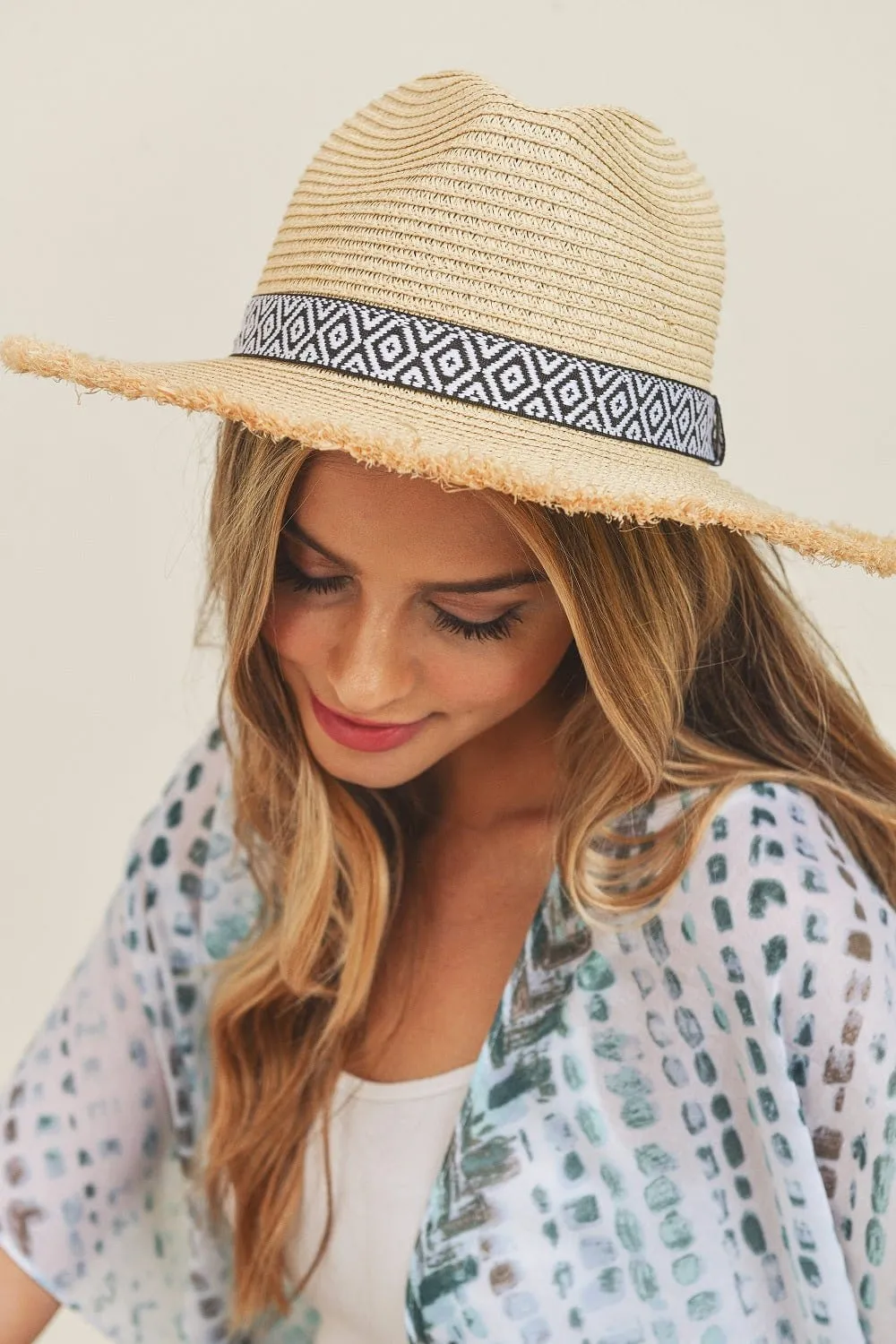 MH0039 Frayed Trim Aztec Banded Straw Hat