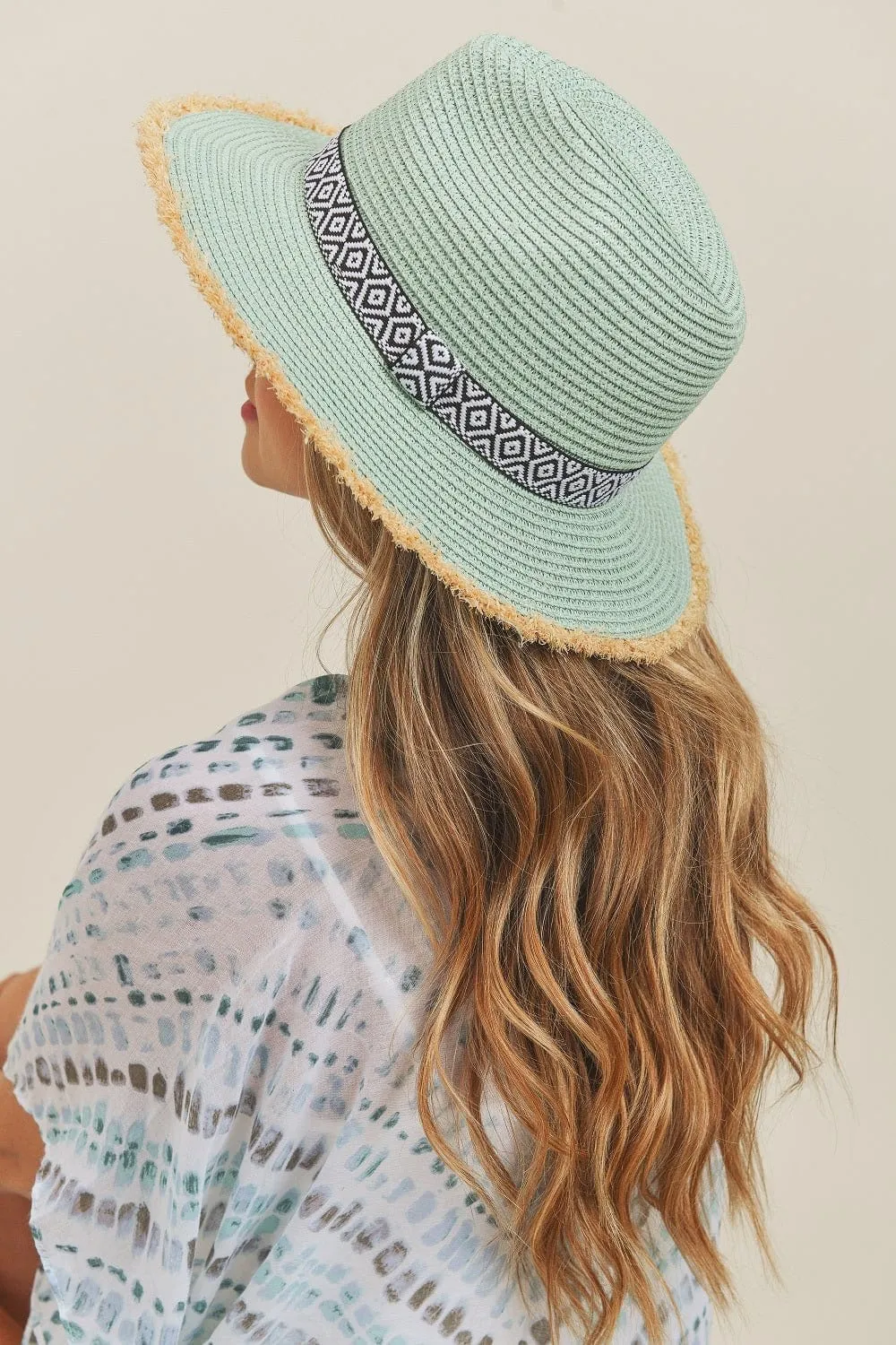 MH0039 Frayed Trim Aztec Banded Straw Hat