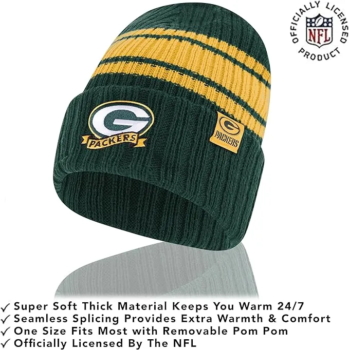 NFL Green Bay Packers Womens Super Soft Team Stripe Winter Beanie Knit Hat with Extra Warm Touch Screen Gloves|Green Bay Packers