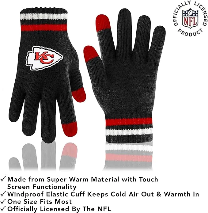 NFL Kansas City Chiefs Womens Super Soft Team Stripe Winter Beanie Knit Hat with Extra Warm Touch Screen Gloves|Kansas City Chiefs