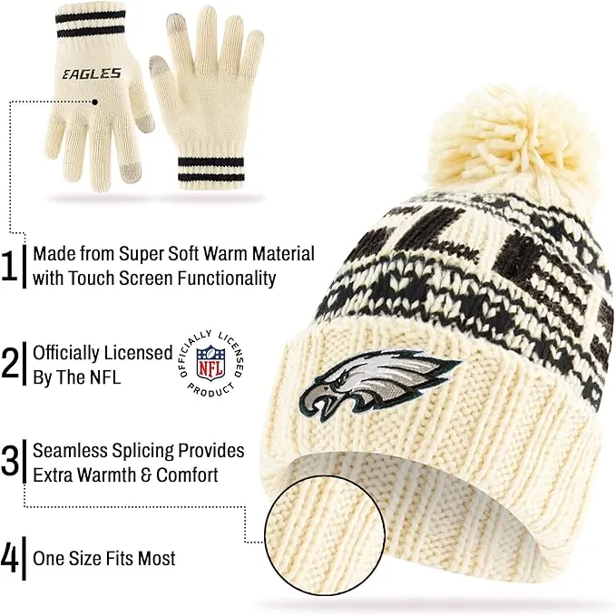 NFL Official Super Soft Cable Knit Winter Beanie Knit Hat with Extra Warm Touch Screen Gloves|Philadelphia Eagles