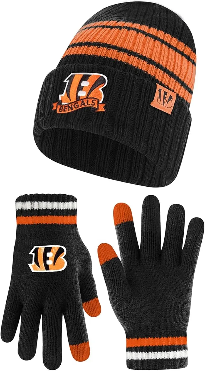 NFL Womens Super Soft Team Stripe Winter Beanie Knit Hat with Extra Warm Touch Screen Gloves|Cincinnati Bengals