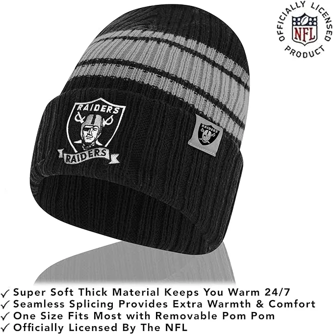 NFL Womens Super Soft Team Stripe Winter Beanie Knit Hat with Extra Warm Touch Screen Gloves|Las Vegas Raiders