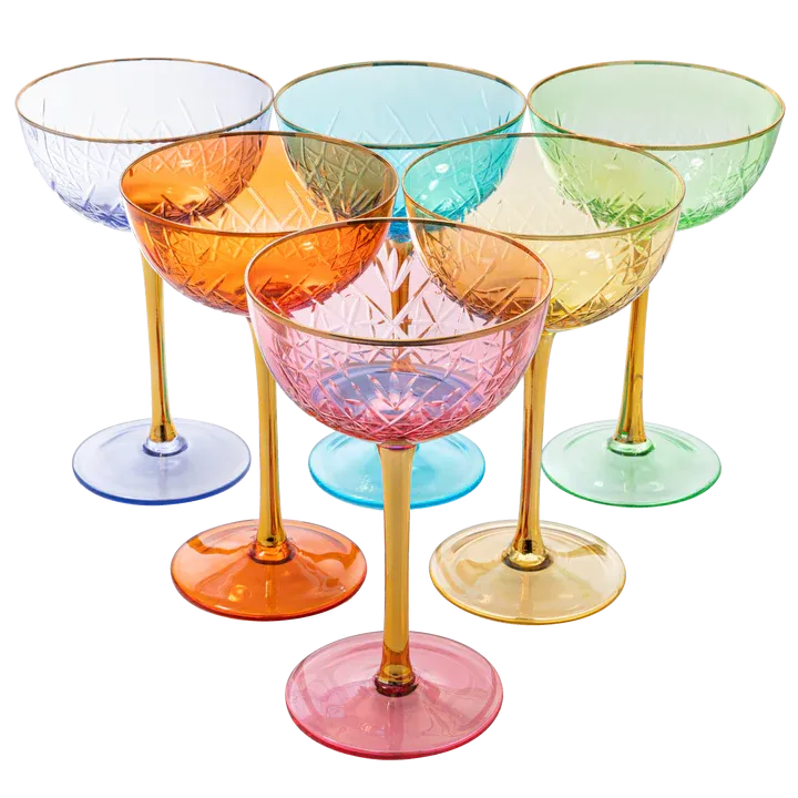 The Wine Savant - Gold Rim Colorful Art Deco Coupe Glasses