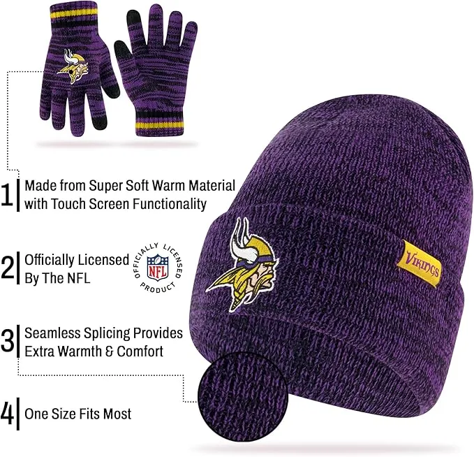 Ultra Game Adults Unisex NFL Official Super Soft Marl Knit Winter Beanie Knit Hat with Extra Warm Touch Screen Gloves|Minnesota Vikings