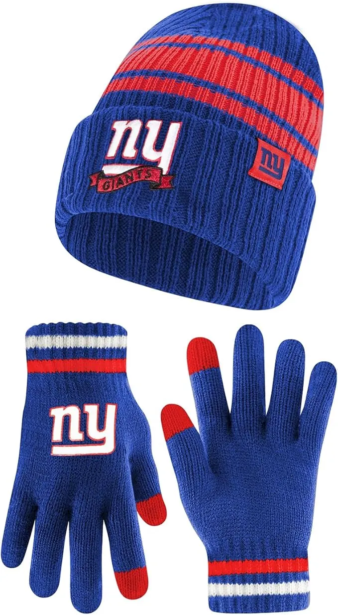 Ultra Game NFL New York Giants Womens Super Soft Team Stripe Winter Beanie Knit Hat with Extra Warm Touch Screen Gloves|New York Giants