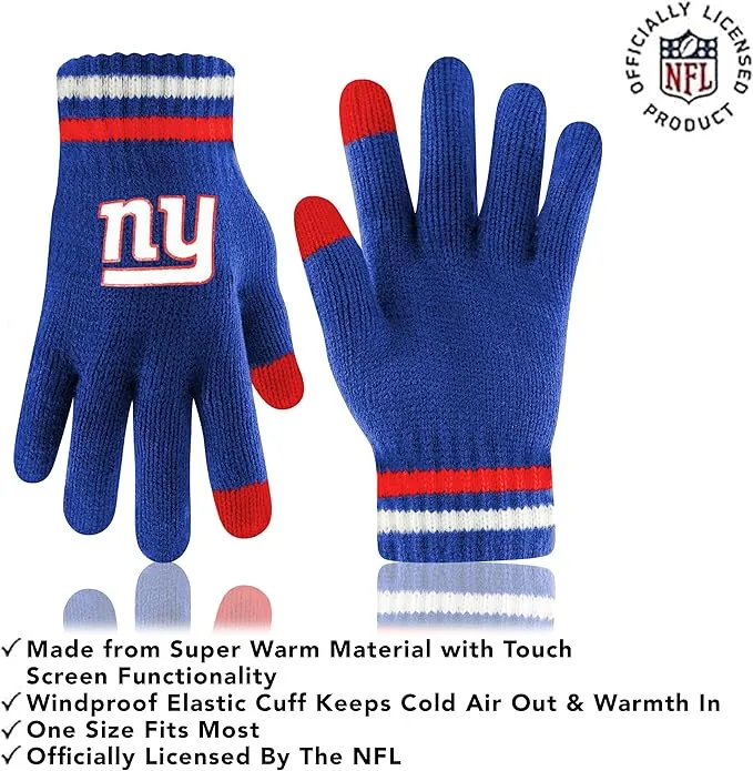 Ultra Game NFL New York Giants Womens Super Soft Team Stripe Winter Beanie Knit Hat with Extra Warm Touch Screen Gloves|New York Giants