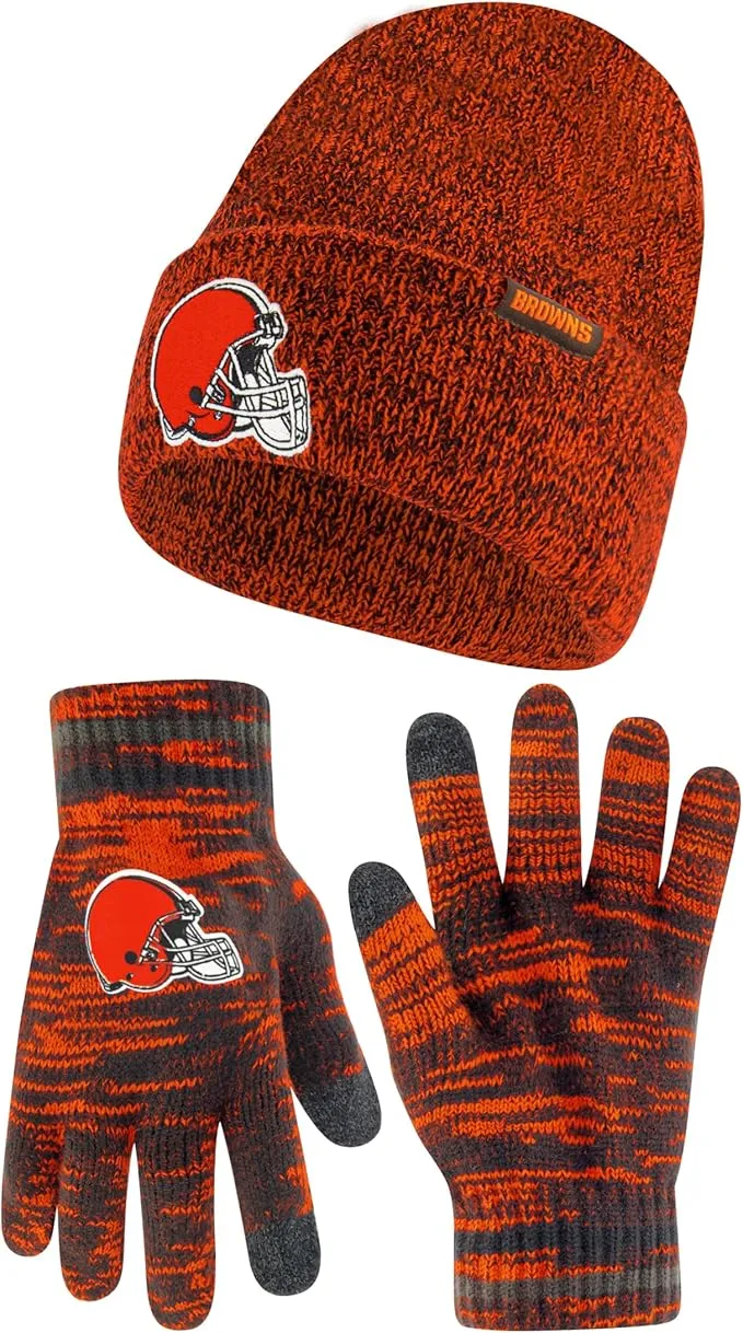 Ultra Game Youth NFL Official Super Soft Marl Knit Winter Beanie Knit Hat with Extra Warm Touch Screen Gloves|Cleveland Browns