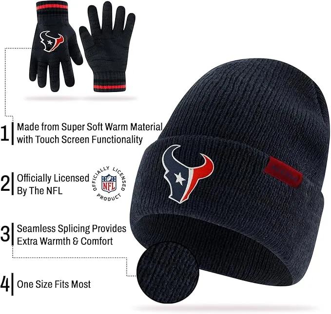 Ultra Game Youth NFL Official Super Soft Marl Knit Winter Beanie Knit Hat with Extra Warm Touch Screen Gloves|Houston Texans