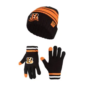 Ultra Game Youth NFL Official Super Soft Team Stripe Winter Beanie Knit Hat with Extra Warm Touch Screen Gloves|Cincinnati Bengals