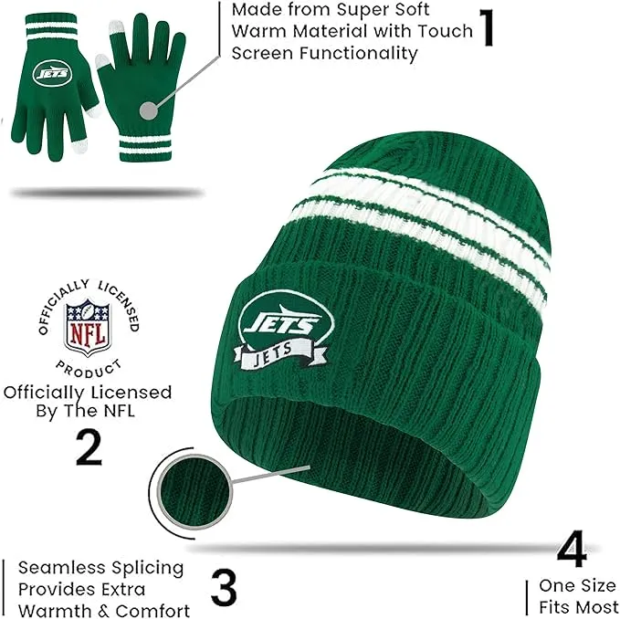 Ultra Game Youth NFL Official Super Soft Team Stripe Winter Beanie Knit Hat with Extra Warm Touch Screen Gloves|New York Jets