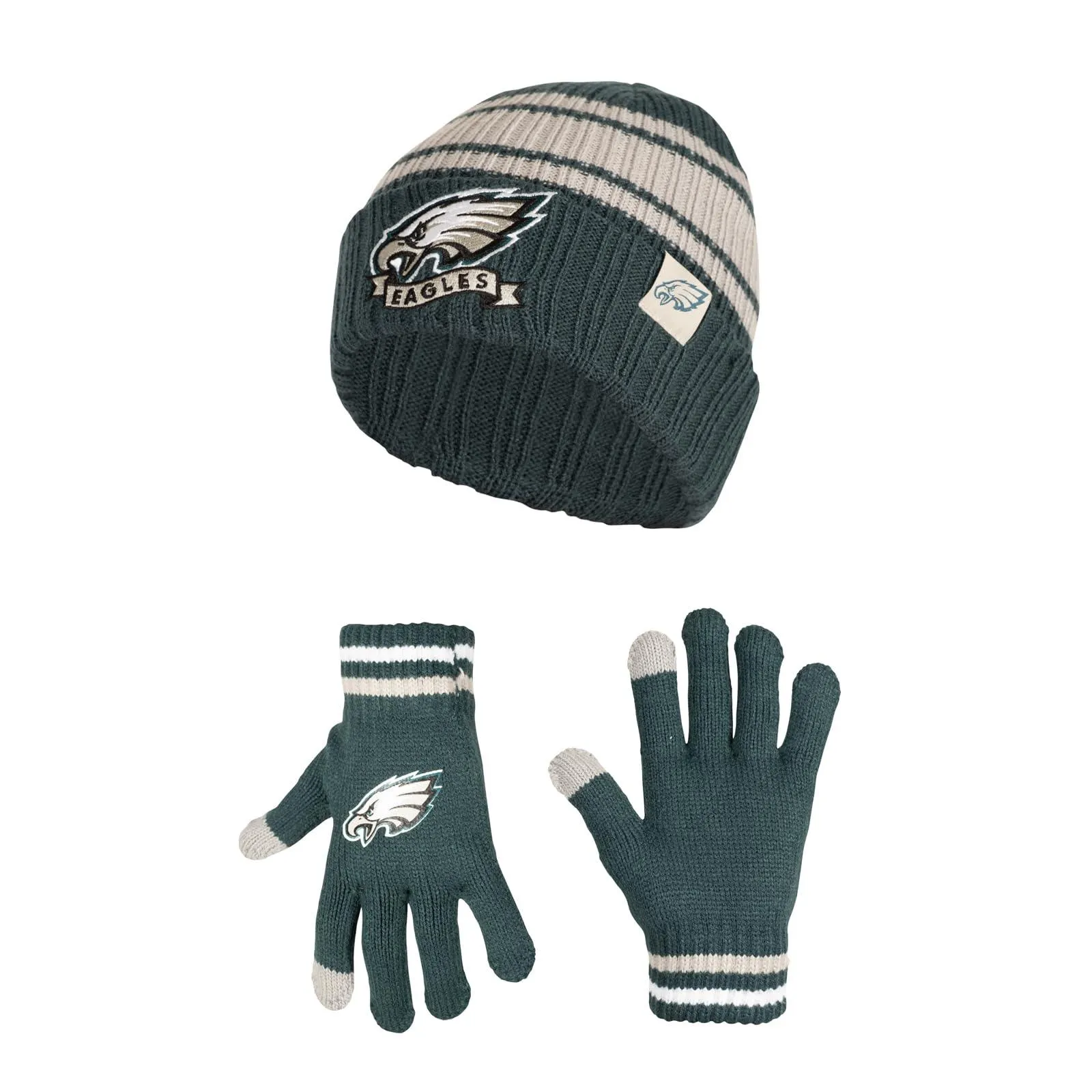 Ultra Game Youth NFL Official Super Soft Team Stripe Winter Beanie Knit Hat with Extra Warm Touch Screen Gloves|Philadelphia Eagles