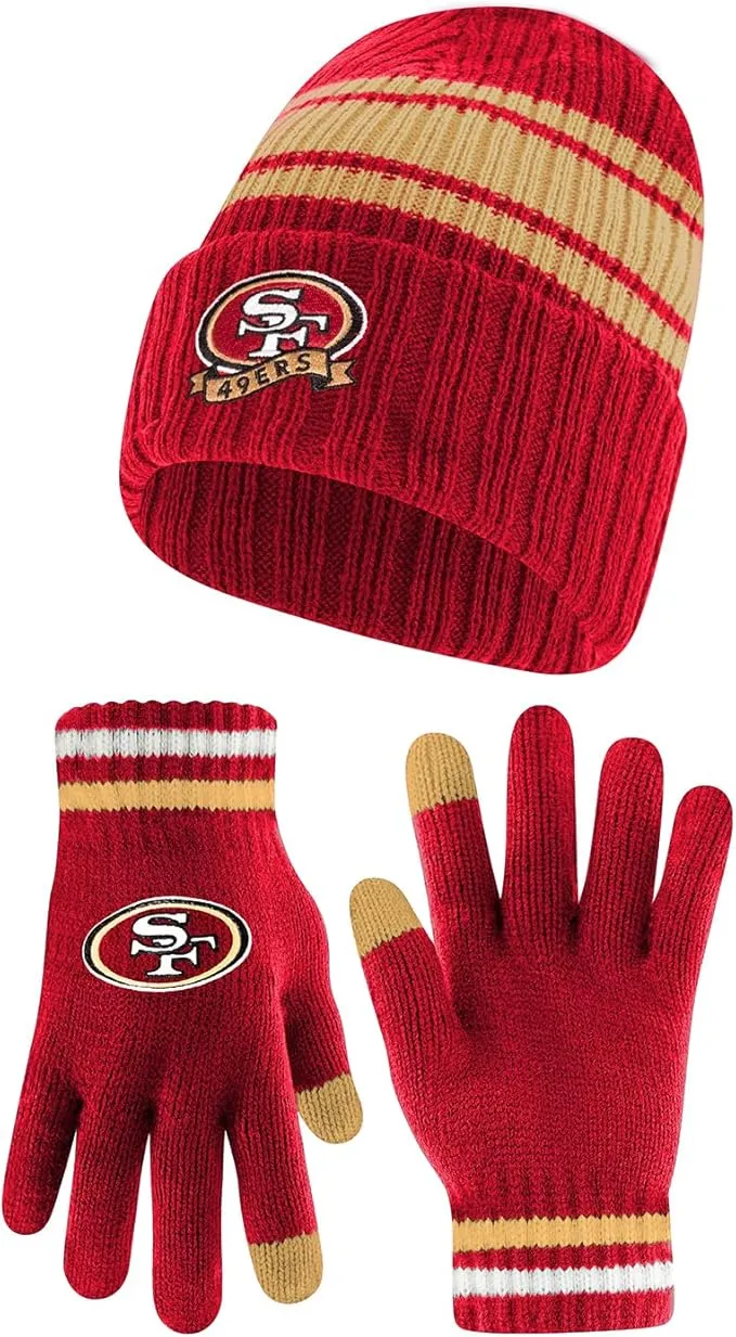 Ultra Game Youth NFL Official Super Soft Team Stripe Winter Beanie Knit Hat with Extra Warm Touch Screen Gloves|San Francisco 49ers