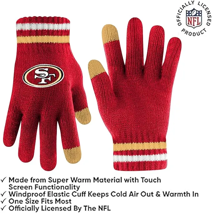 Ultra Game Youth NFL Official Super Soft Team Stripe Winter Beanie Knit Hat with Extra Warm Touch Screen Gloves|San Francisco 49ers