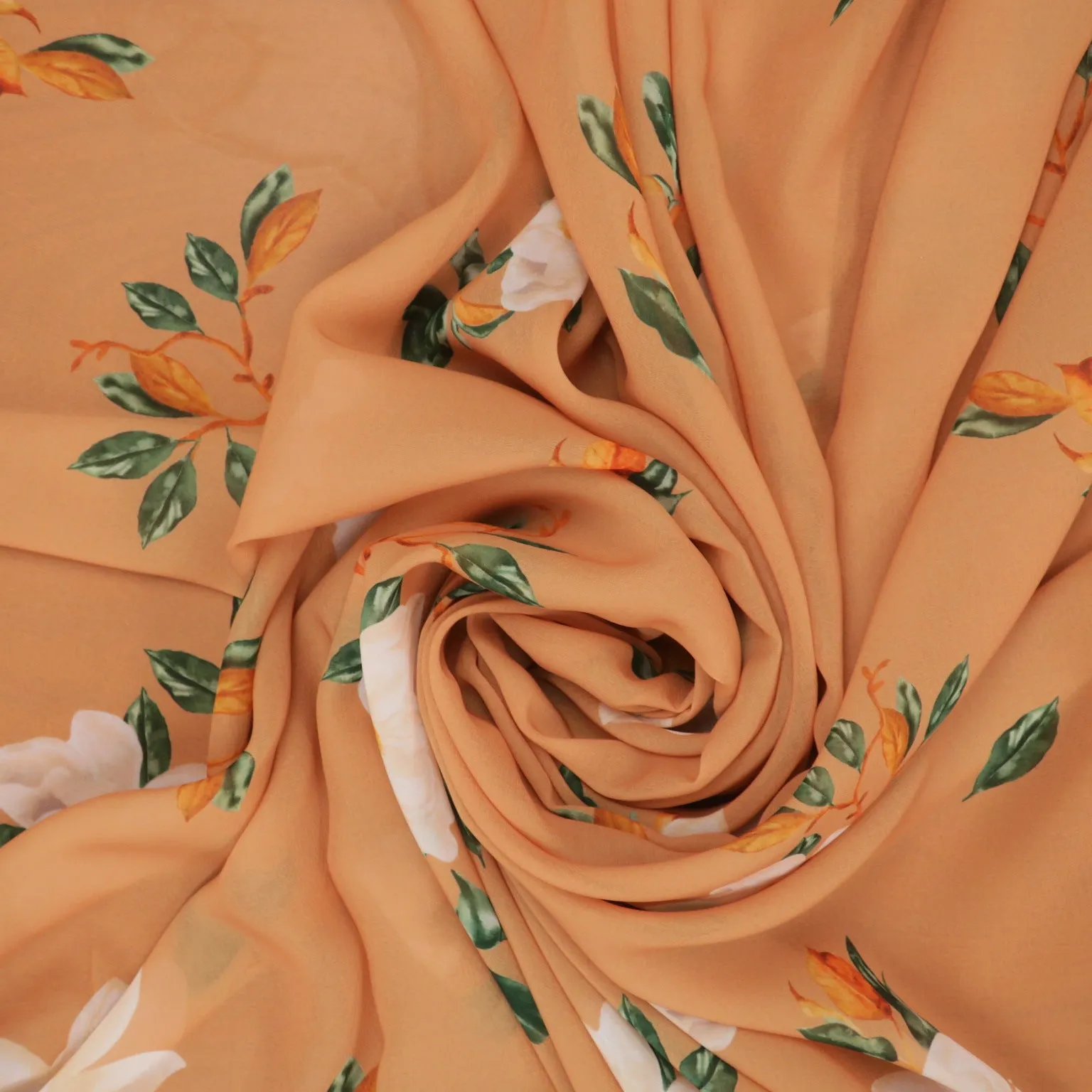 White Flowers on Peach Background Polyester Chiffon Fabric