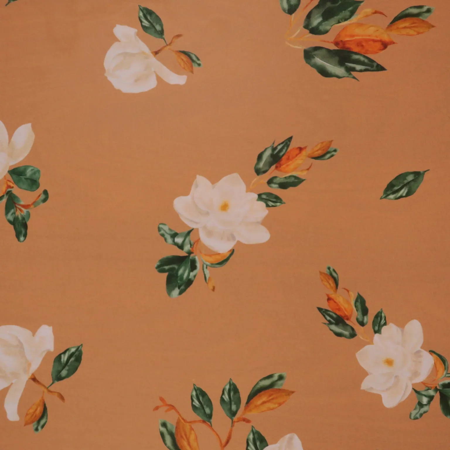 White Flowers on Peach Background Polyester Chiffon Fabric