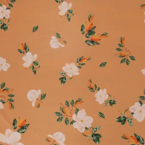 White Flowers on Peach Background Polyester Chiffon Fabric