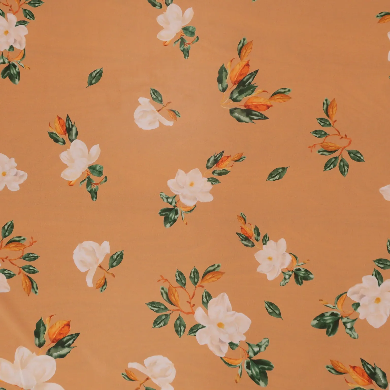 White Flowers on Peach Background Polyester Chiffon Fabric