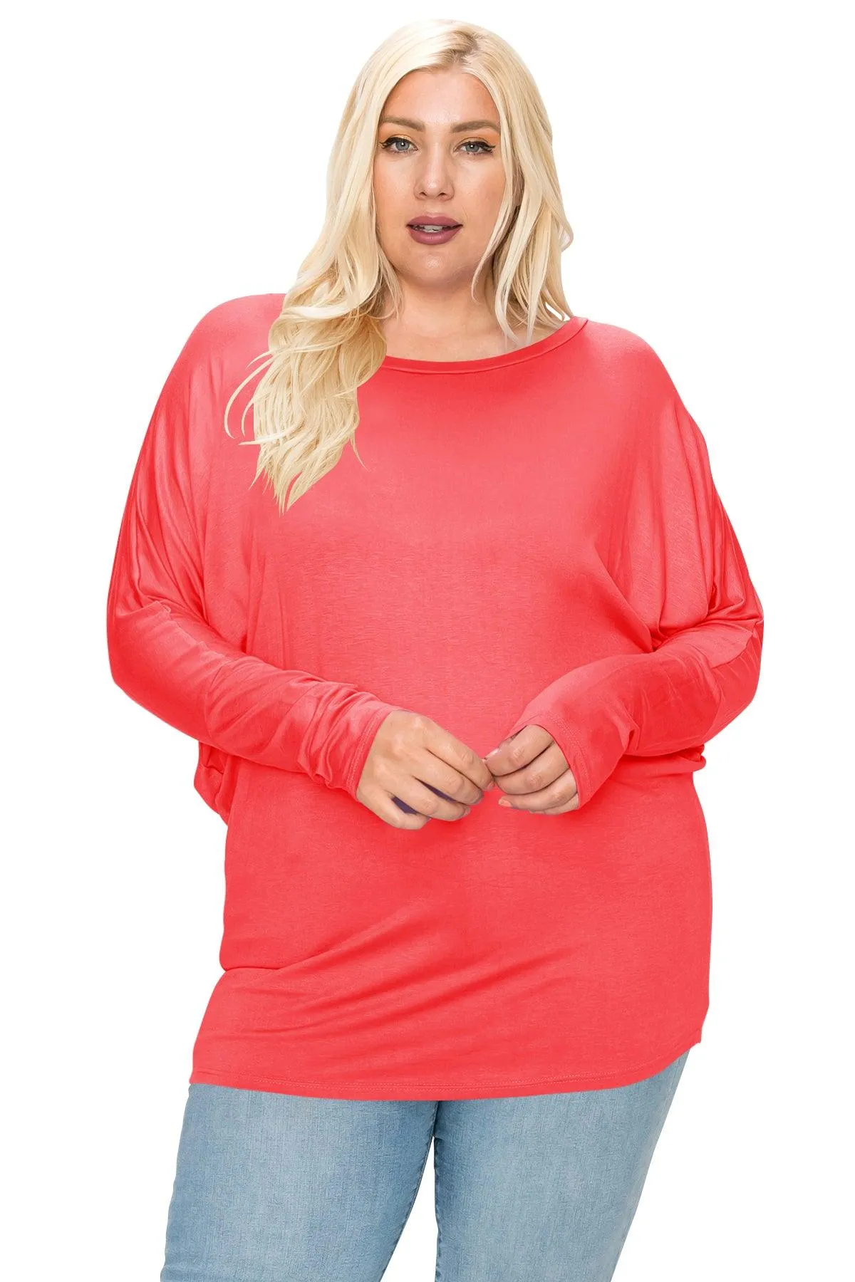 Women's Plus Size Dolman Long Sleeve Solid Loose Fit Tunic Top