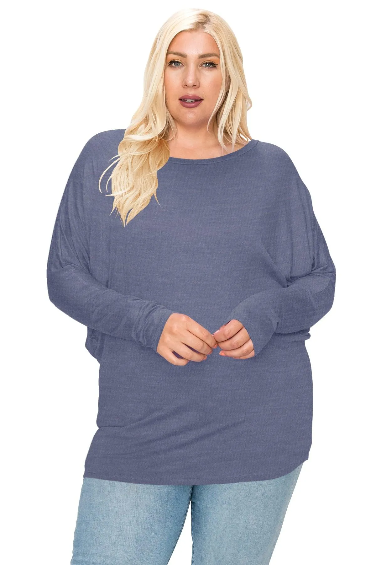 Women's Plus Size Dolman Long Sleeve Solid Loose Fit Tunic Top