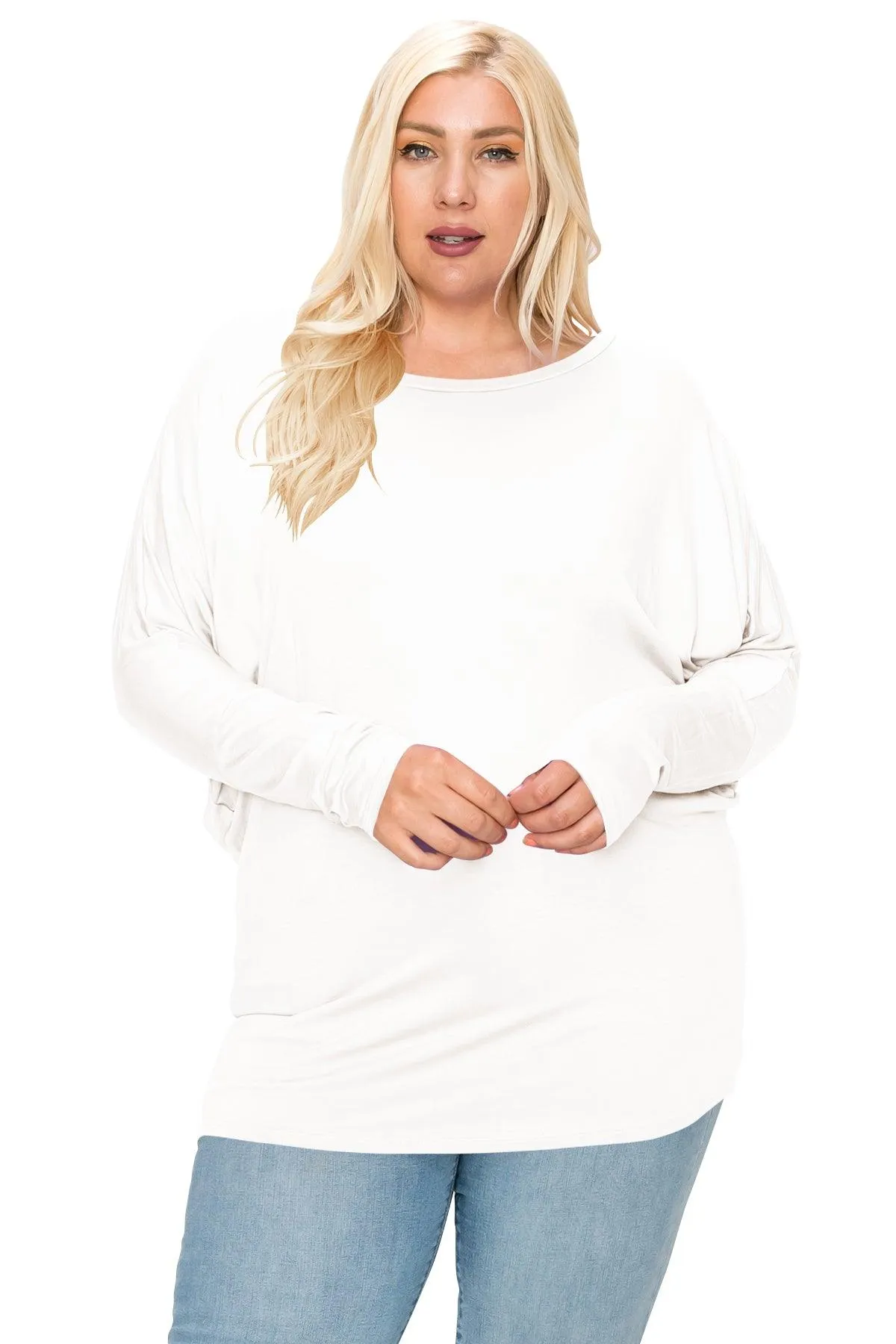 Women's Plus Size Dolman Long Sleeve Solid Loose Fit Tunic Top