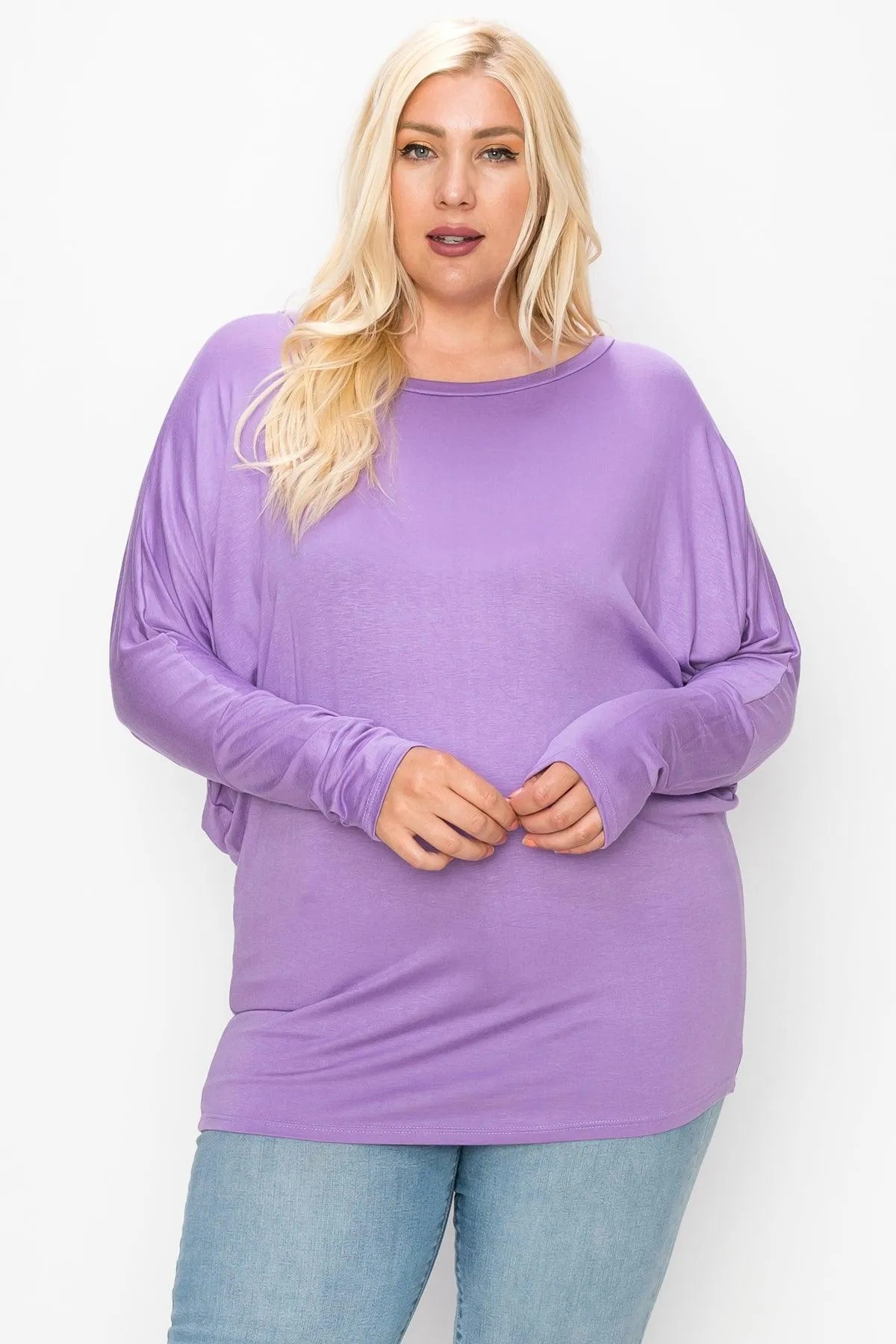 Women's Plus Size Dolman Long Sleeve Solid Loose Fit Tunic Top