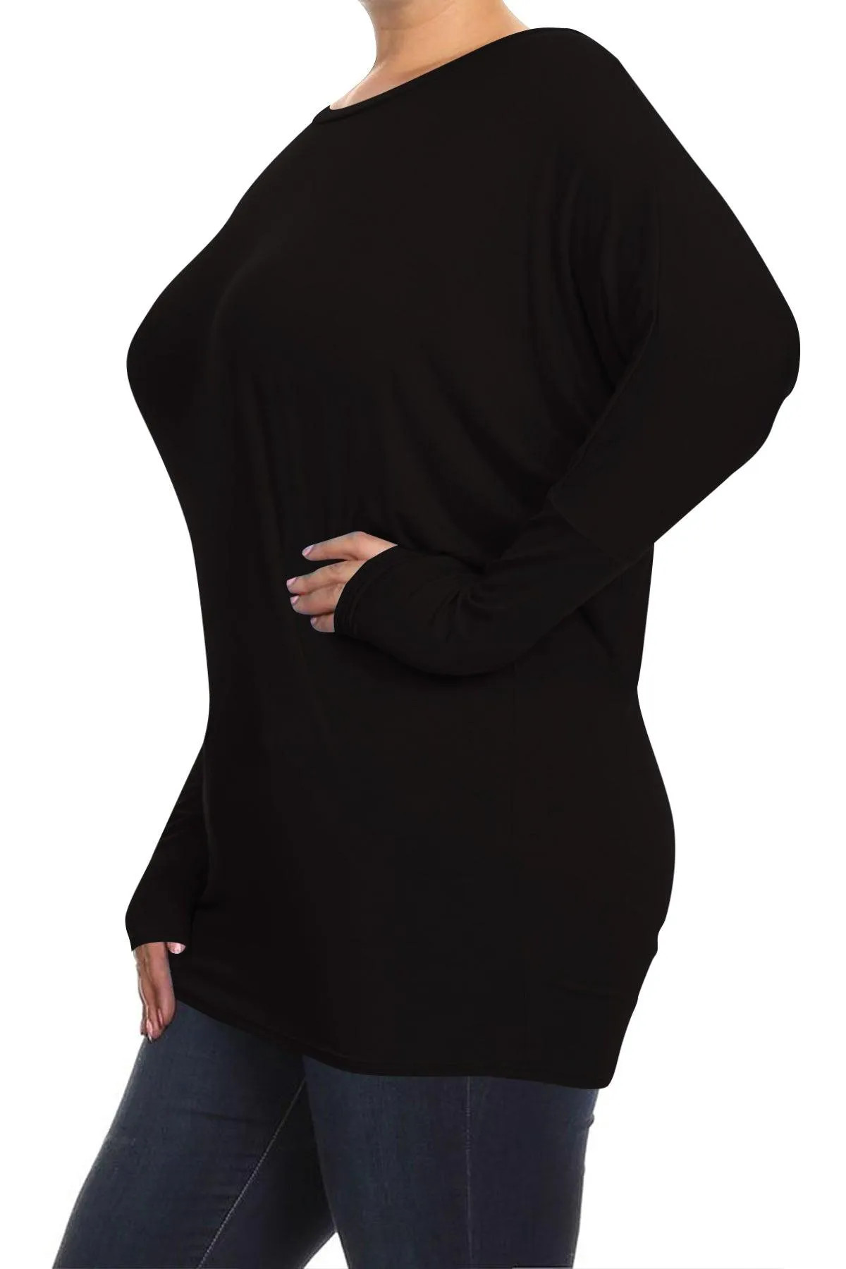 Women's Plus Size Dolman Long Sleeve Solid Loose Fit Tunic Top