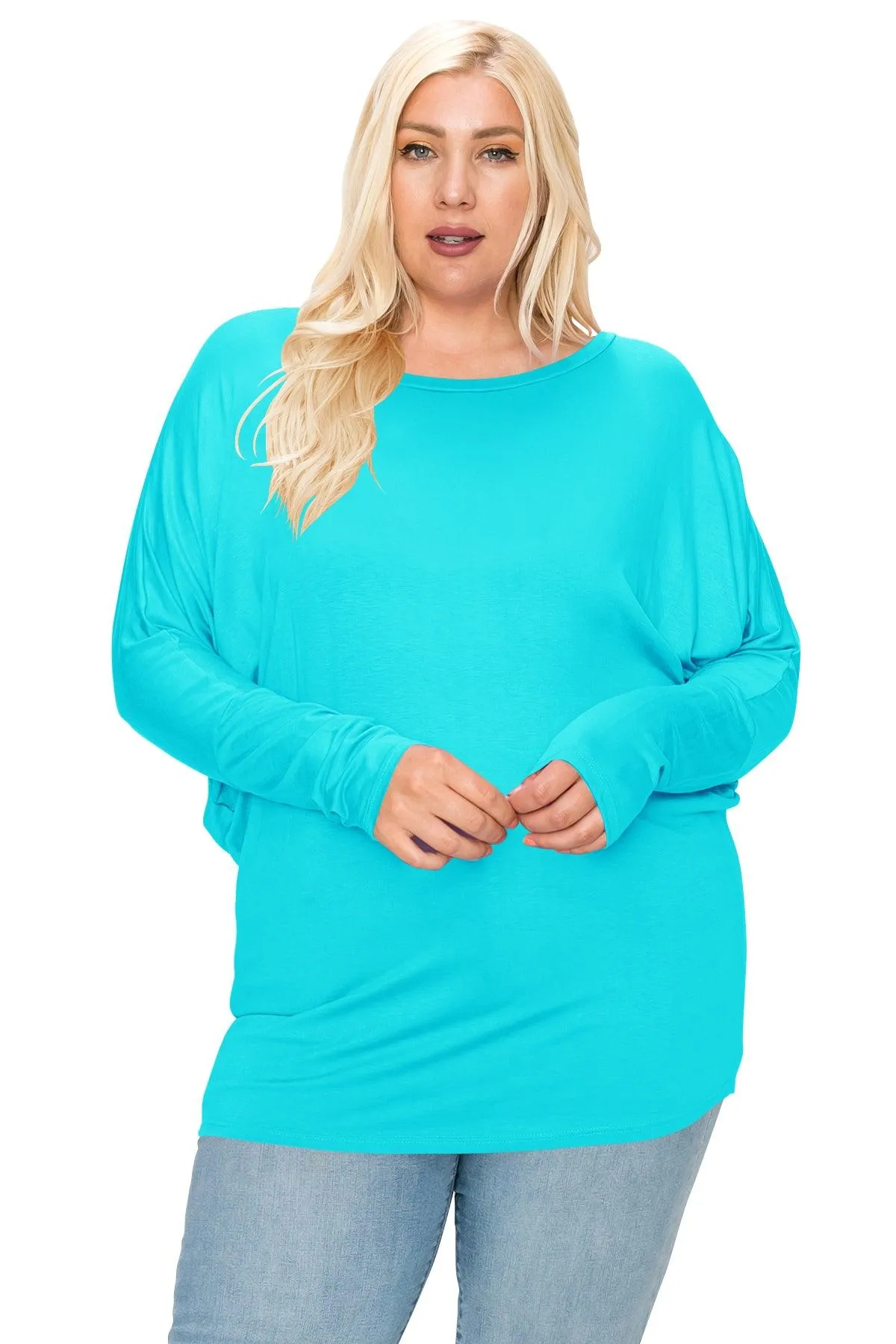 Women's Plus Size Dolman Long Sleeve Solid Loose Fit Tunic Top